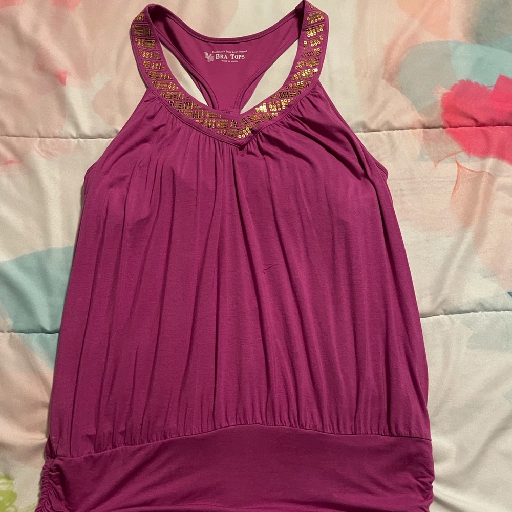 VS - Magenta Tank Top with Gold Sequins and Built in Bra - Size Medium